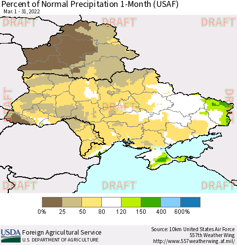 Ukraine, Moldova and Belarus Percent of Normal Precipitation 1-Month (USAF) Thematic Map For 3/1/2022 - 3/31/2022