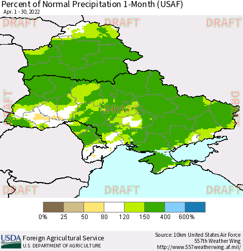 Ukraine, Moldova and Belarus Percent of Normal Precipitation 1-Month (USAF) Thematic Map For 4/1/2022 - 4/30/2022