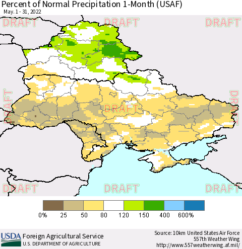 Ukraine, Moldova and Belarus Percent of Normal Precipitation 1-Month (USAF) Thematic Map For 5/1/2022 - 5/31/2022