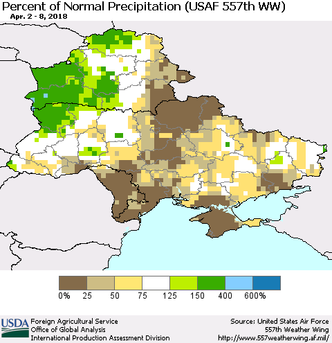 Ukraine, Moldova and Belarus Percent of Normal Precipitation (USAF 557th WW) Thematic Map For 4/2/2018 - 4/8/2018