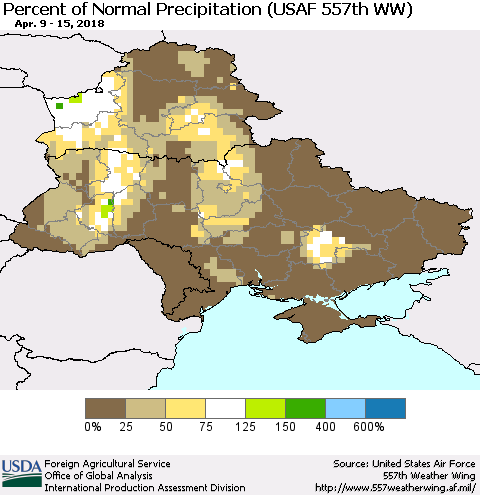 Ukraine, Moldova and Belarus Percent of Normal Precipitation (USAF 557th WW) Thematic Map For 4/9/2018 - 4/15/2018