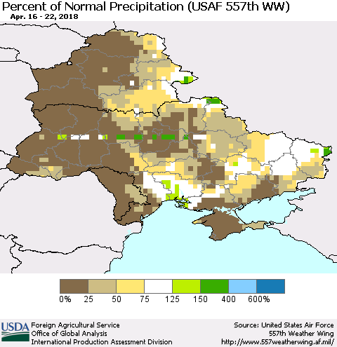 Ukraine, Moldova and Belarus Percent of Normal Precipitation (USAF 557th WW) Thematic Map For 4/16/2018 - 4/22/2018