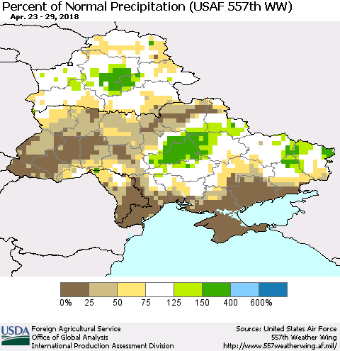 Ukraine, Moldova and Belarus Percent of Normal Precipitation (USAF 557th WW) Thematic Map For 4/23/2018 - 4/29/2018