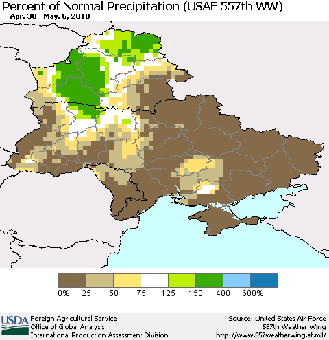 Ukraine, Moldova and Belarus Percent of Normal Precipitation (USAF 557th WW) Thematic Map For 4/30/2018 - 5/6/2018