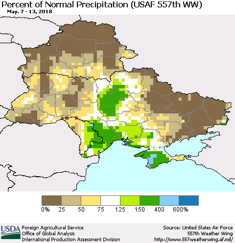 Ukraine, Moldova and Belarus Percent of Normal Precipitation (USAF 557th WW) Thematic Map For 5/7/2018 - 5/13/2018