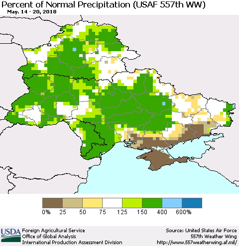 Ukraine, Moldova and Belarus Percent of Normal Precipitation (USAF 557th WW) Thematic Map For 5/14/2018 - 5/20/2018