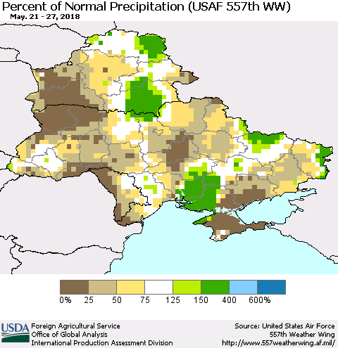 Ukraine, Moldova and Belarus Percent of Normal Precipitation (USAF 557th WW) Thematic Map For 5/21/2018 - 5/27/2018