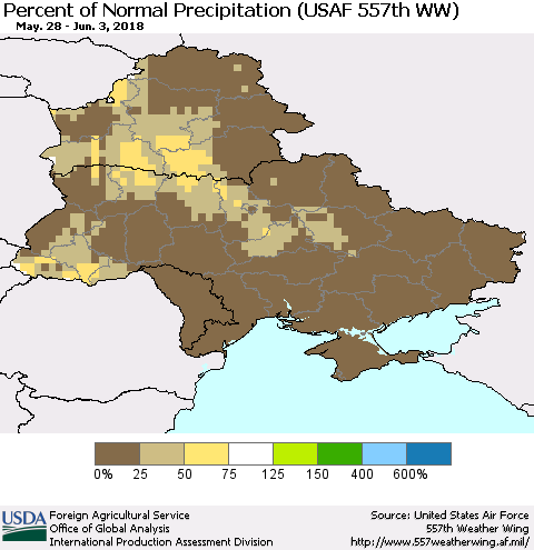 Ukraine, Moldova and Belarus Percent of Normal Precipitation (USAF 557th WW) Thematic Map For 5/28/2018 - 6/3/2018
