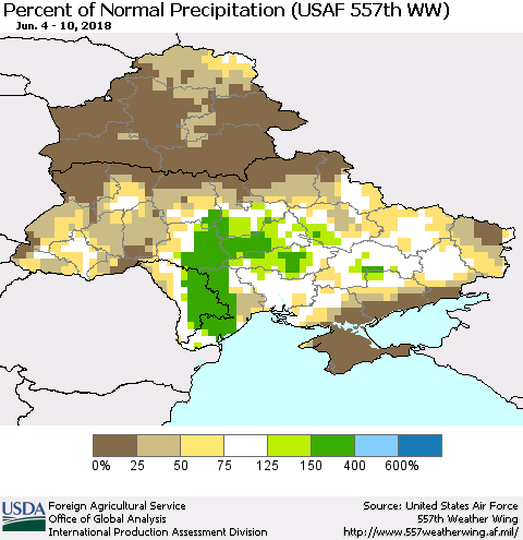 Ukraine, Moldova and Belarus Percent of Normal Precipitation (USAF 557th WW) Thematic Map For 6/4/2018 - 6/10/2018