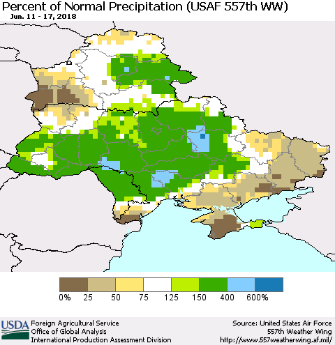 Ukraine, Moldova and Belarus Percent of Normal Precipitation (USAF 557th WW) Thematic Map For 6/11/2018 - 6/17/2018