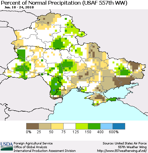 Ukraine, Moldova and Belarus Percent of Normal Precipitation (USAF 557th WW) Thematic Map For 6/18/2018 - 6/24/2018
