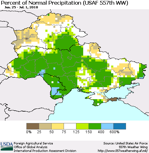 Ukraine, Moldova and Belarus Percent of Normal Precipitation (USAF 557th WW) Thematic Map For 6/25/2018 - 7/1/2018
