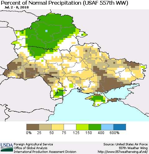 Ukraine, Moldova and Belarus Percent of Normal Precipitation (USAF 557th WW) Thematic Map For 7/2/2018 - 7/8/2018