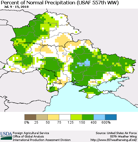 Ukraine, Moldova and Belarus Percent of Normal Precipitation (USAF 557th WW) Thematic Map For 7/9/2018 - 7/15/2018
