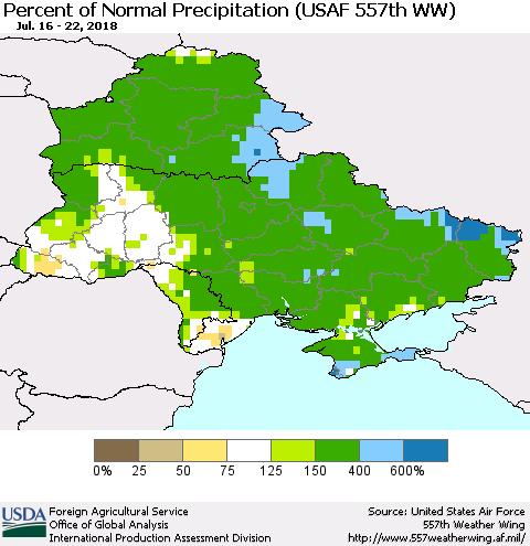 Ukraine, Moldova and Belarus Percent of Normal Precipitation (USAF 557th WW) Thematic Map For 7/16/2018 - 7/22/2018