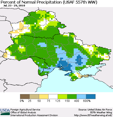 Ukraine, Moldova and Belarus Percent of Normal Precipitation (USAF 557th WW) Thematic Map For 7/23/2018 - 7/29/2018