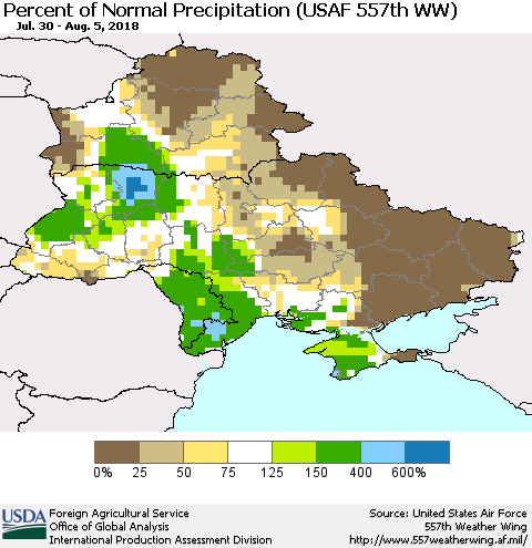 Ukraine, Moldova and Belarus Percent of Normal Precipitation (USAF 557th WW) Thematic Map For 7/30/2018 - 8/5/2018
