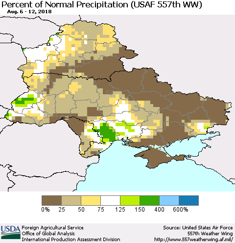 Ukraine, Moldova and Belarus Percent of Normal Precipitation (USAF 557th WW) Thematic Map For 8/6/2018 - 8/12/2018