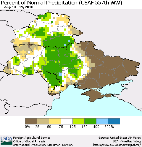 Ukraine, Moldova and Belarus Percent of Normal Precipitation (USAF 557th WW) Thematic Map For 8/13/2018 - 8/19/2018