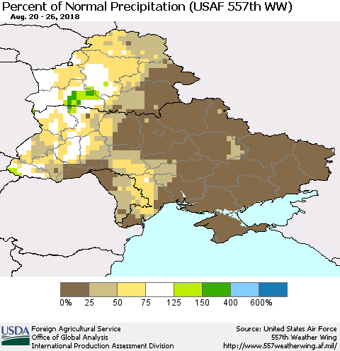 Ukraine, Moldova and Belarus Percent of Normal Precipitation (USAF 557th WW) Thematic Map For 8/20/2018 - 8/26/2018
