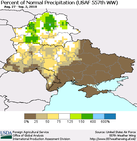 Ukraine, Moldova and Belarus Percent of Normal Precipitation (USAF 557th WW) Thematic Map For 8/27/2018 - 9/2/2018