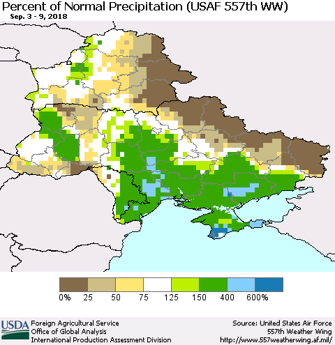 Ukraine, Moldova and Belarus Percent of Normal Precipitation (USAF 557th WW) Thematic Map For 9/3/2018 - 9/9/2018