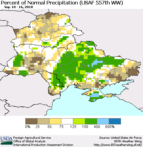 Ukraine, Moldova and Belarus Percent of Normal Precipitation (USAF 557th WW) Thematic Map For 9/10/2018 - 9/16/2018