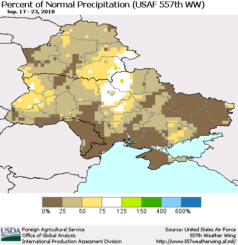 Ukraine, Moldova and Belarus Percent of Normal Precipitation (USAF 557th WW) Thematic Map For 9/17/2018 - 9/23/2018