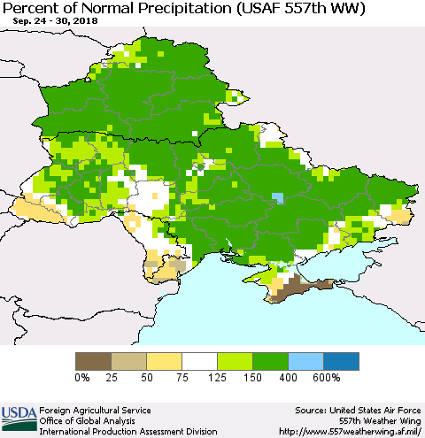 Ukraine, Moldova and Belarus Percent of Normal Precipitation (USAF 557th WW) Thematic Map For 9/24/2018 - 9/30/2018