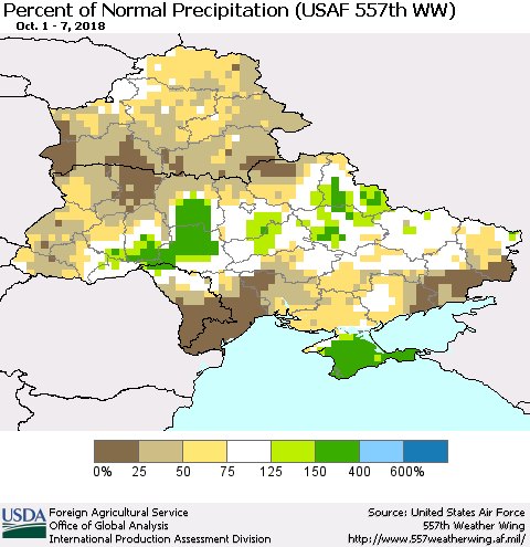 Ukraine, Moldova and Belarus Percent of Normal Precipitation (USAF 557th WW) Thematic Map For 10/1/2018 - 10/7/2018