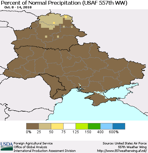 Ukraine, Moldova and Belarus Percent of Normal Precipitation (USAF 557th WW) Thematic Map For 10/8/2018 - 10/14/2018