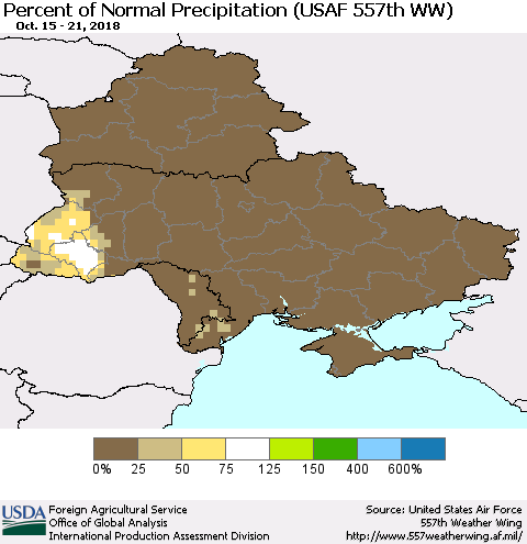 Ukraine, Moldova and Belarus Percent of Normal Precipitation (USAF 557th WW) Thematic Map For 10/15/2018 - 10/21/2018