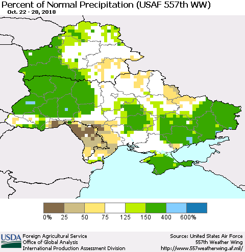 Ukraine, Moldova and Belarus Percent of Normal Precipitation (USAF 557th WW) Thematic Map For 10/22/2018 - 10/28/2018