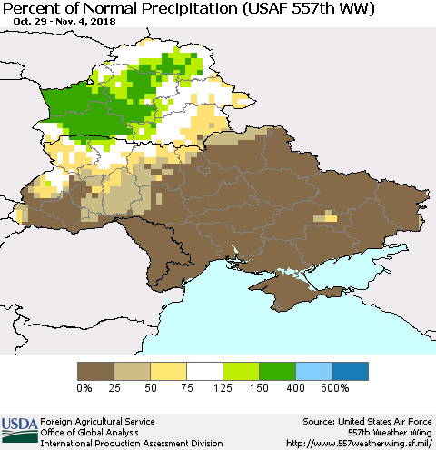 Ukraine, Moldova and Belarus Percent of Normal Precipitation (USAF 557th WW) Thematic Map For 10/29/2018 - 11/4/2018