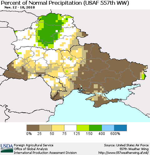 Ukraine, Moldova and Belarus Percent of Normal Precipitation (USAF 557th WW) Thematic Map For 11/12/2018 - 11/18/2018