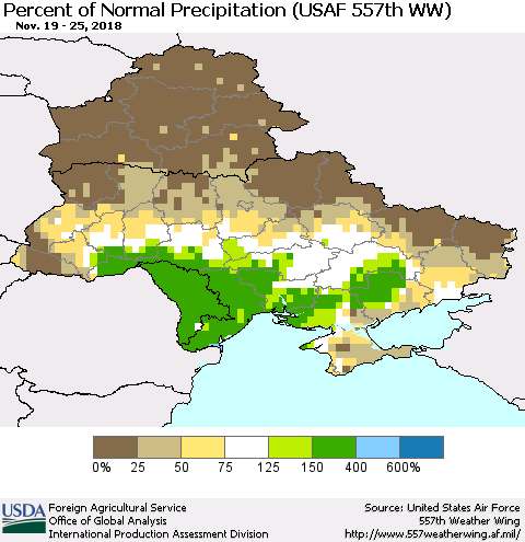 Ukraine, Moldova and Belarus Percent of Normal Precipitation (USAF 557th WW) Thematic Map For 11/19/2018 - 11/25/2018