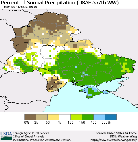 Ukraine, Moldova and Belarus Percent of Normal Precipitation (USAF 557th WW) Thematic Map For 11/26/2018 - 12/2/2018