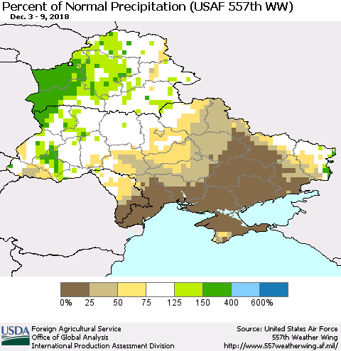 Ukraine, Moldova and Belarus Percent of Normal Precipitation (USAF 557th WW) Thematic Map For 12/3/2018 - 12/9/2018