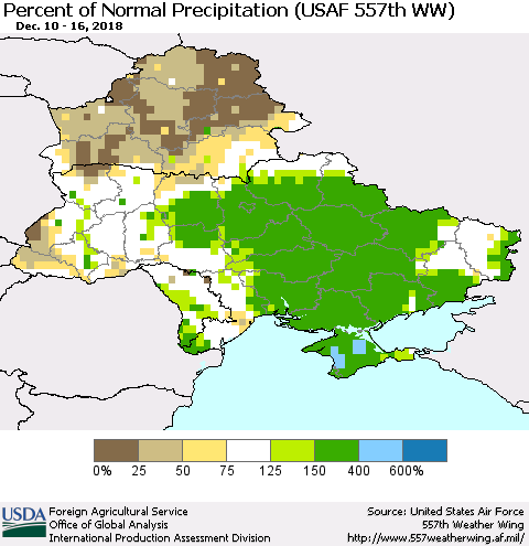Ukraine, Moldova and Belarus Percent of Normal Precipitation (USAF 557th WW) Thematic Map For 12/10/2018 - 12/16/2018