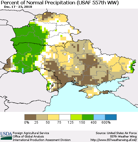 Ukraine, Moldova and Belarus Percent of Normal Precipitation (USAF 557th WW) Thematic Map For 12/17/2018 - 12/23/2018