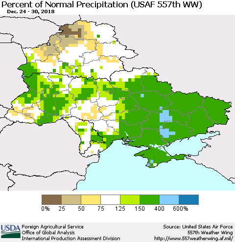 Ukraine, Moldova and Belarus Percent of Normal Precipitation (USAF 557th WW) Thematic Map For 12/24/2018 - 12/30/2018