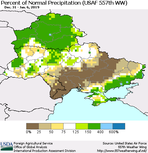 Ukraine, Moldova and Belarus Percent of Normal Precipitation (USAF 557th WW) Thematic Map For 12/31/2018 - 1/6/2019