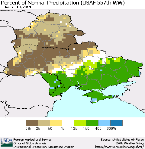Ukraine, Moldova and Belarus Percent of Normal Precipitation (USAF 557th WW) Thematic Map For 1/7/2019 - 1/13/2019