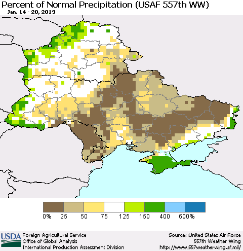 Ukraine, Moldova and Belarus Percent of Normal Precipitation (USAF 557th WW) Thematic Map For 1/14/2019 - 1/20/2019