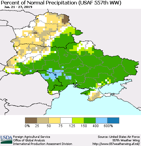 Ukraine, Moldova and Belarus Percent of Normal Precipitation (USAF 557th WW) Thematic Map For 1/21/2019 - 1/27/2019