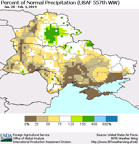 Ukraine, Moldova and Belarus Percent of Normal Precipitation (USAF 557th WW) Thematic Map For 1/28/2019 - 2/3/2019