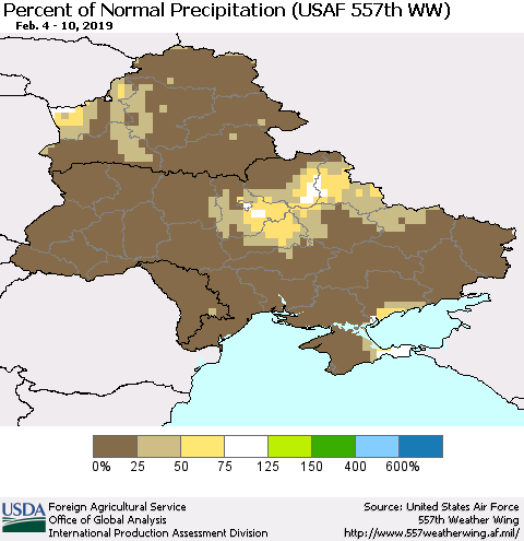 Ukraine, Moldova and Belarus Percent of Normal Precipitation (USAF 557th WW) Thematic Map For 2/4/2019 - 2/10/2019