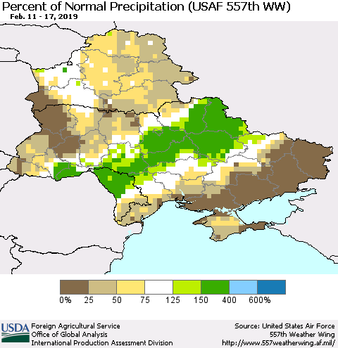 Ukraine, Moldova and Belarus Percent of Normal Precipitation (USAF 557th WW) Thematic Map For 2/11/2019 - 2/17/2019