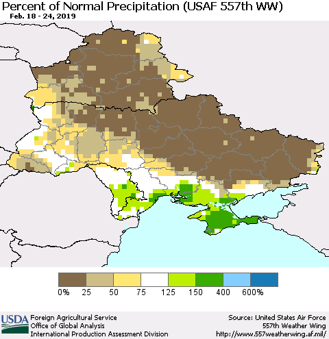 Ukraine, Moldova and Belarus Percent of Normal Precipitation (USAF 557th WW) Thematic Map For 2/18/2019 - 2/24/2019