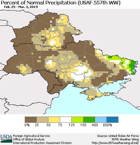 Ukraine, Moldova and Belarus Percent of Normal Precipitation (USAF 557th WW) Thematic Map For 2/25/2019 - 3/3/2019
